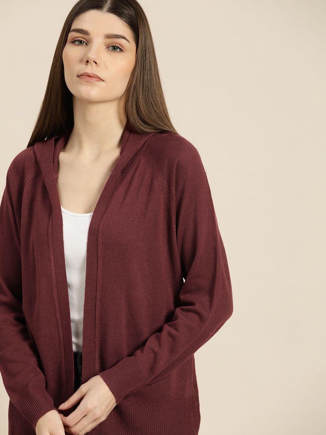 ether women maroon solid front open sweater