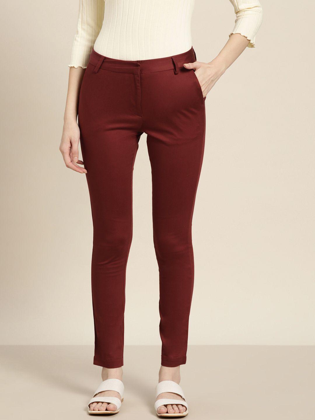 ether women maroon solid regular fit pure cotton trousers