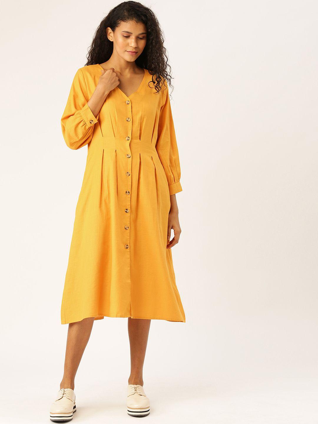 ether women mustard yellow solid pleated a-line dress