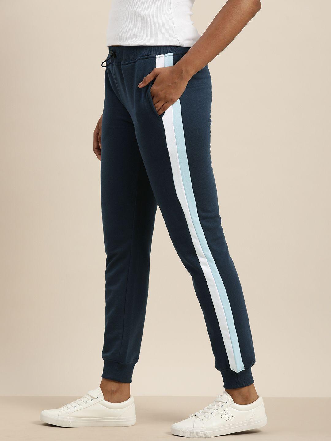 ether women navy blue & white colourblocked joggers