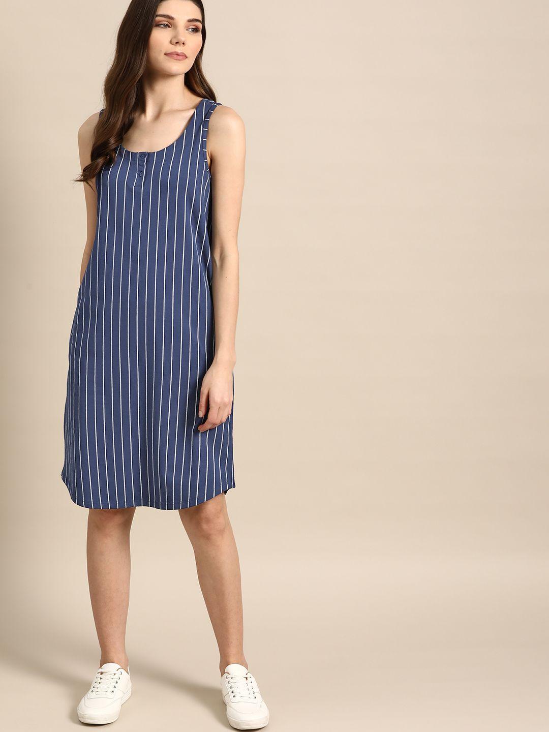 ether women navy blue & white striped t-shirt dress