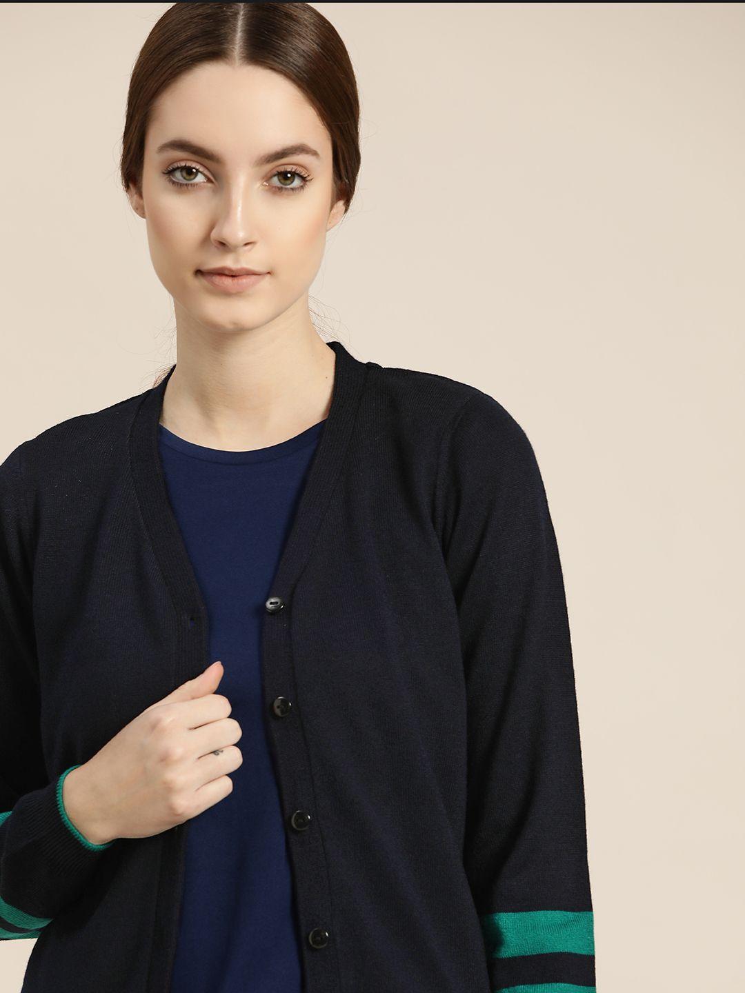 ether women navy blue solid acrylic cardigan