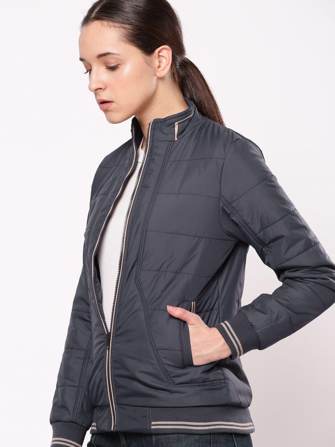 ether women navy blue solid bomber