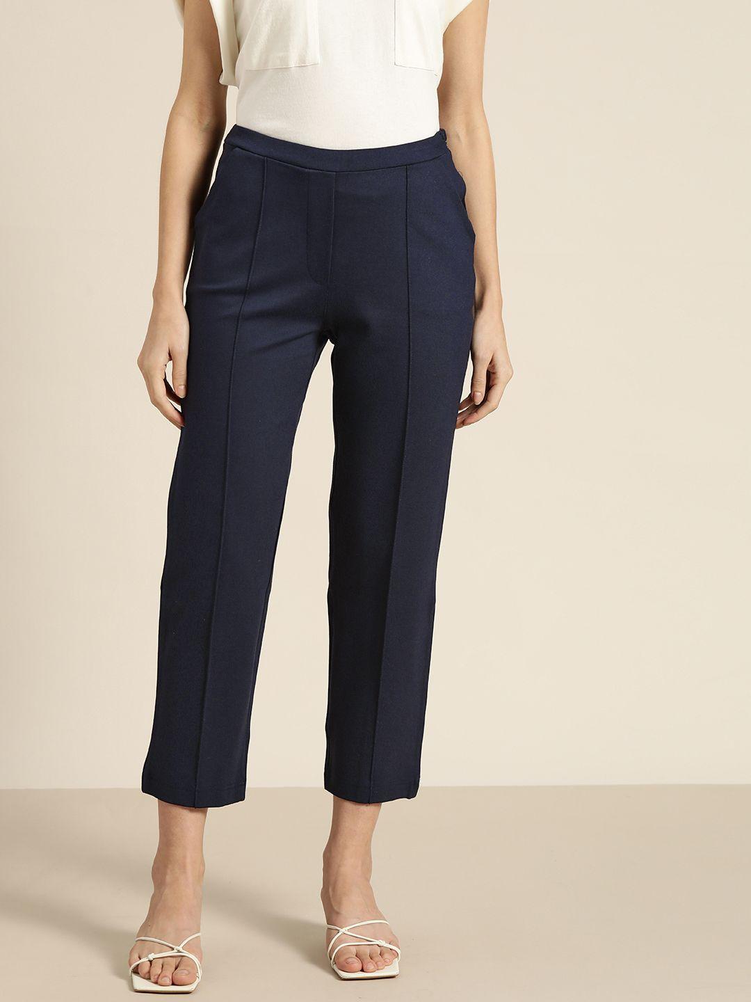 ether women navy blue solid pleated trousers