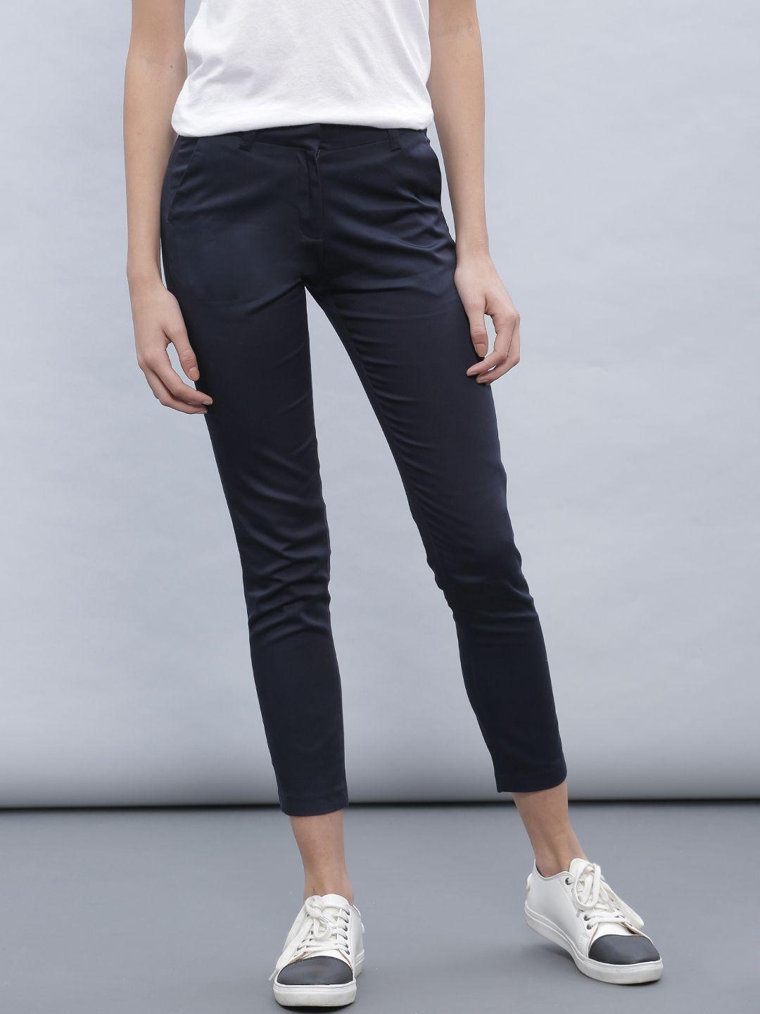 ether women navy solid skinny fit flat-front trousers