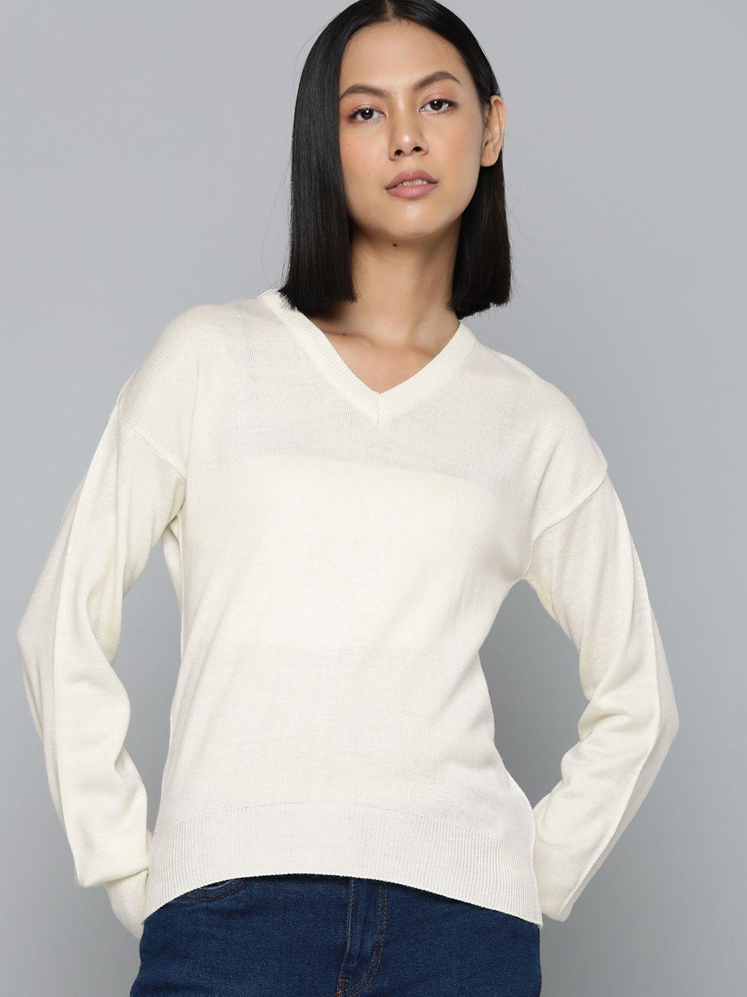 ether women off-white acrylic solid v-neck pullover