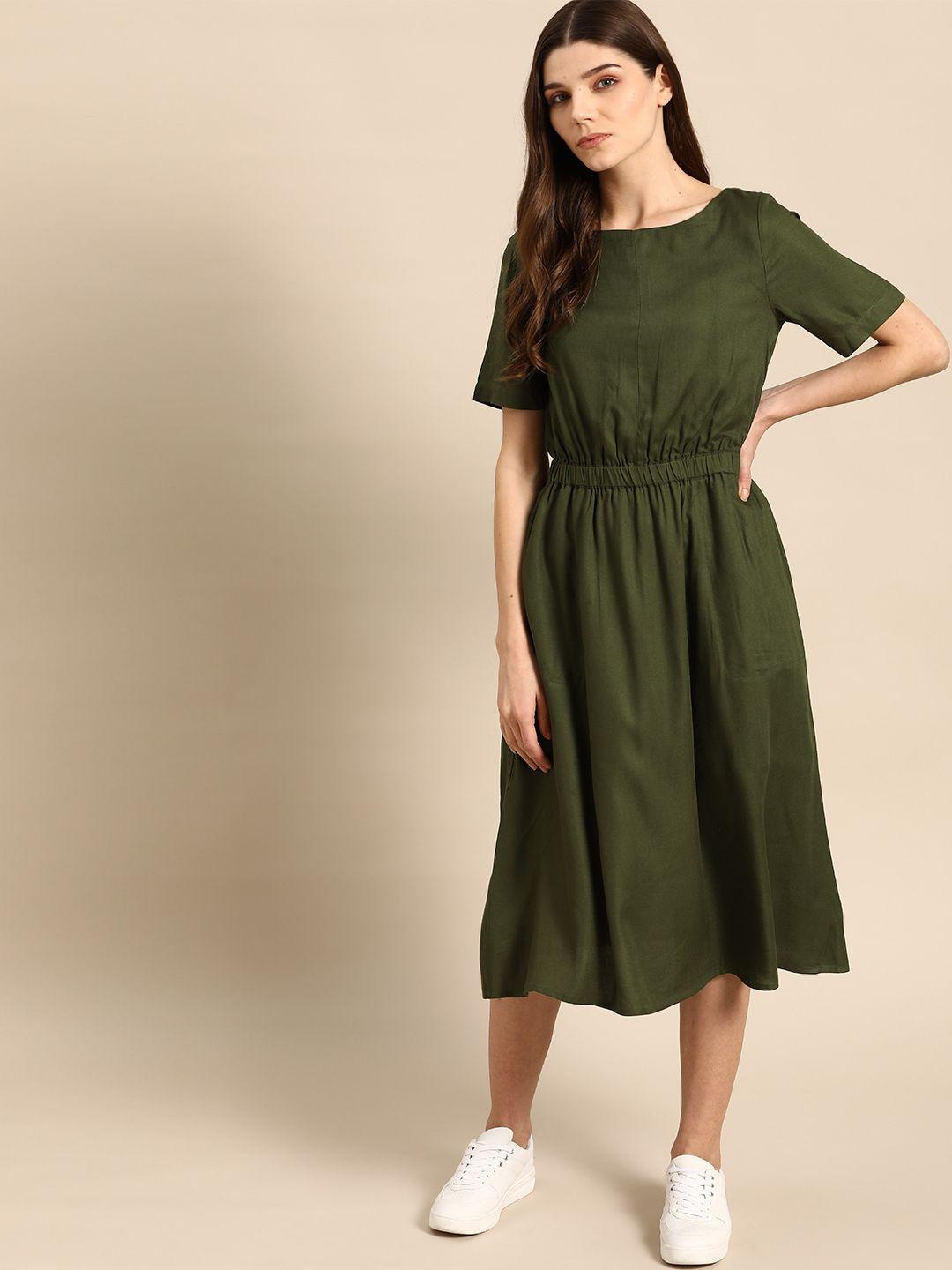 ether women olive green solid a-line dress