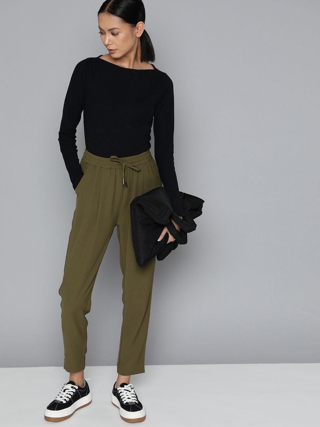 ether women olive green solid regular fit trousers