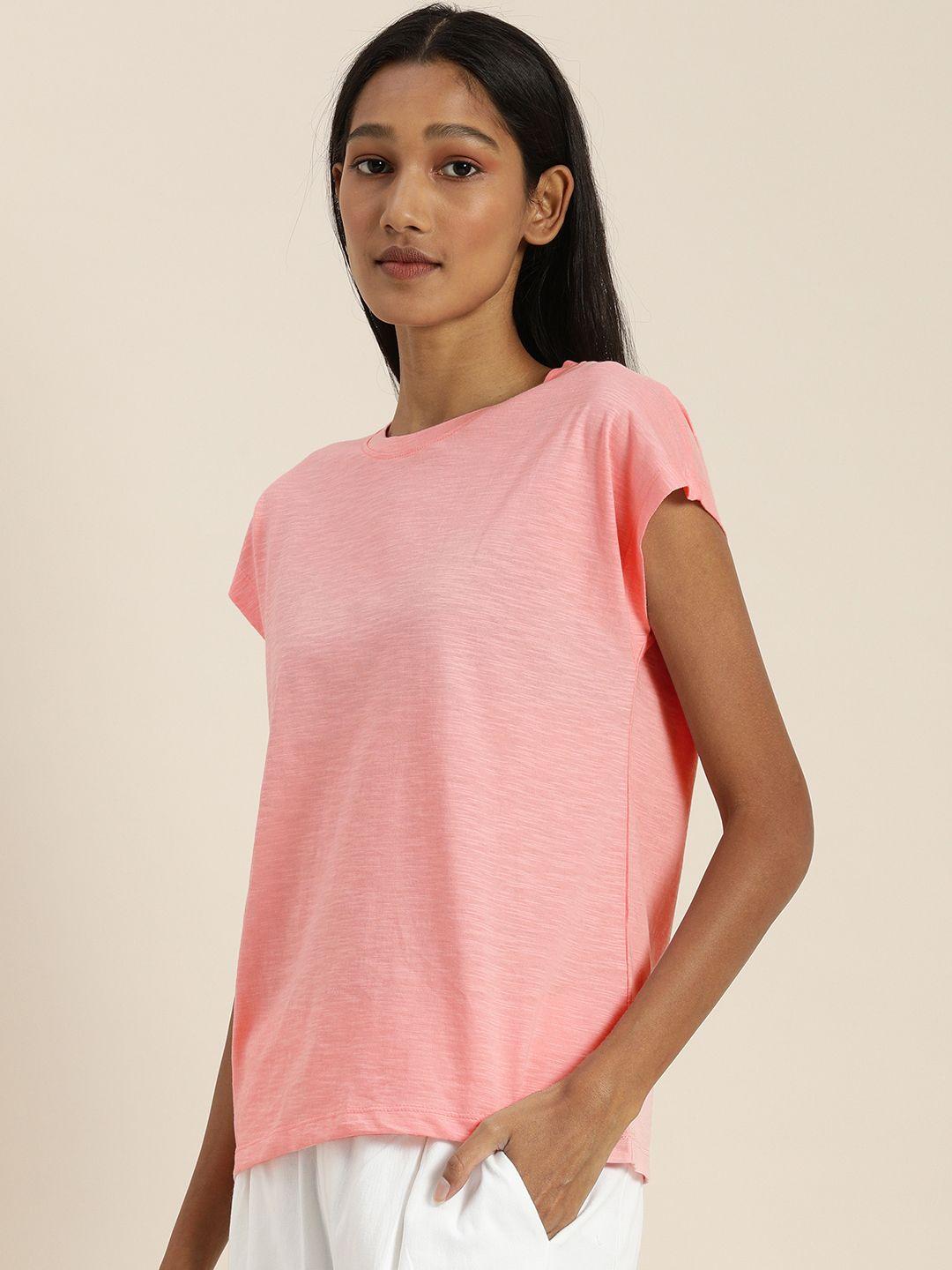 ether women peach-coloured solid round-neck cap-sleeve regular top