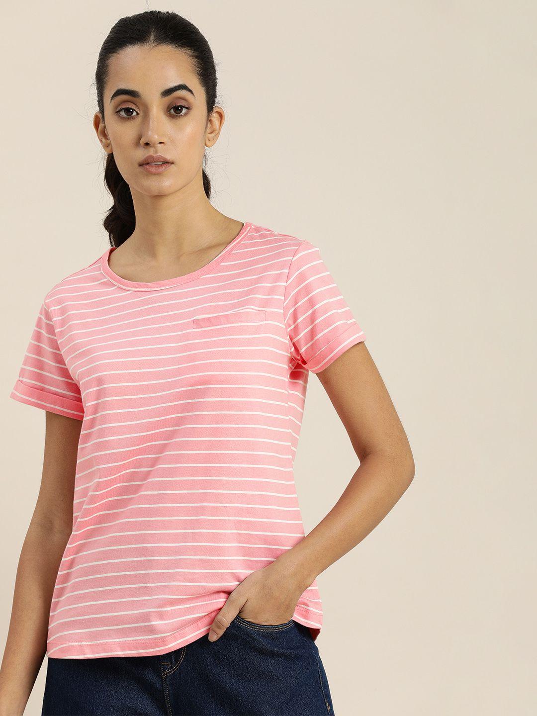 ether women pink & white striped pure cotton t-shirt