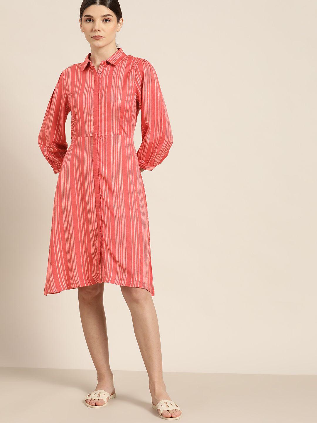 ether women pink & white striped shirt dress