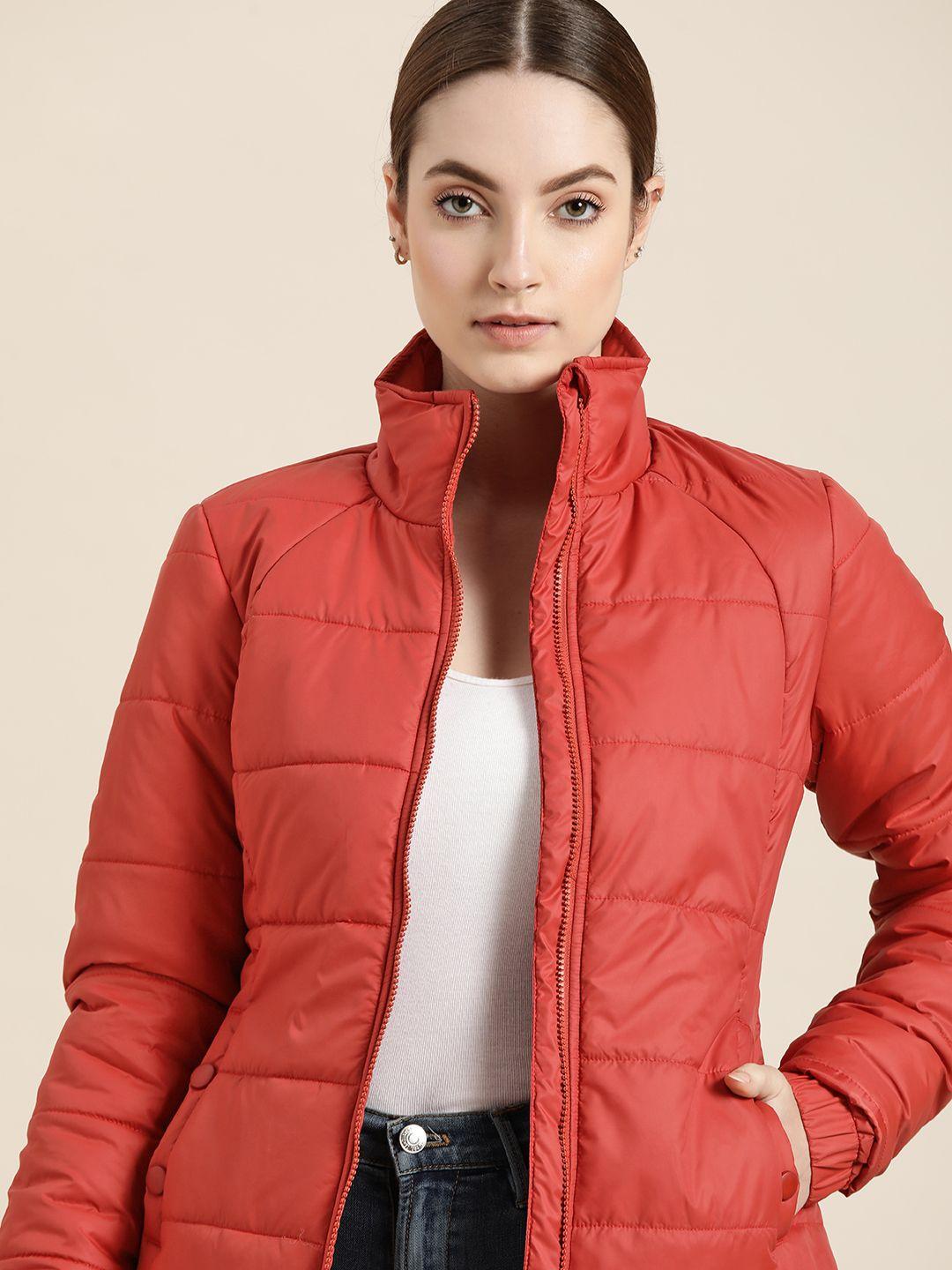 ether women red solid padded jacket