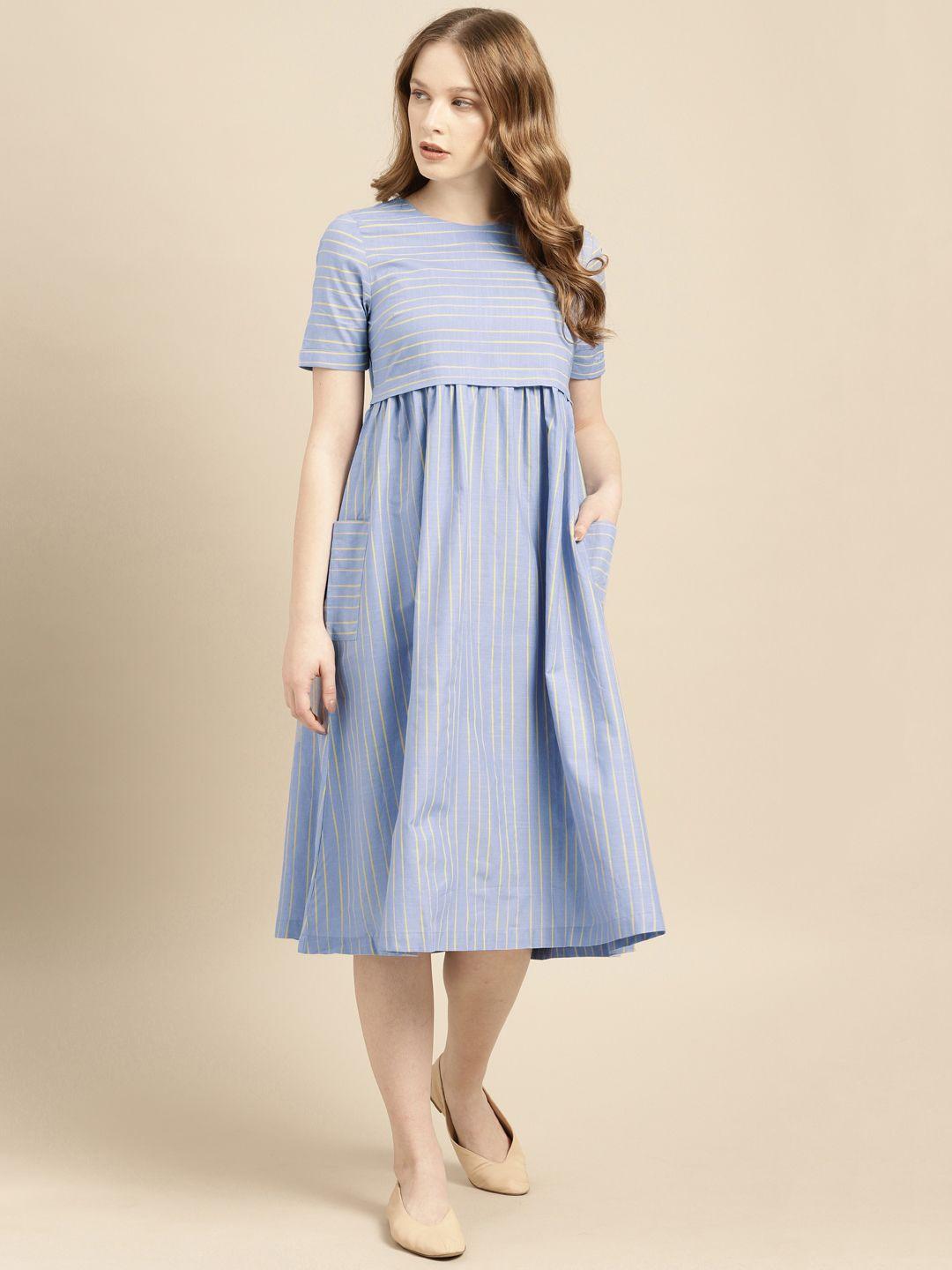 ether women striped blue & yellow fit and flare dress