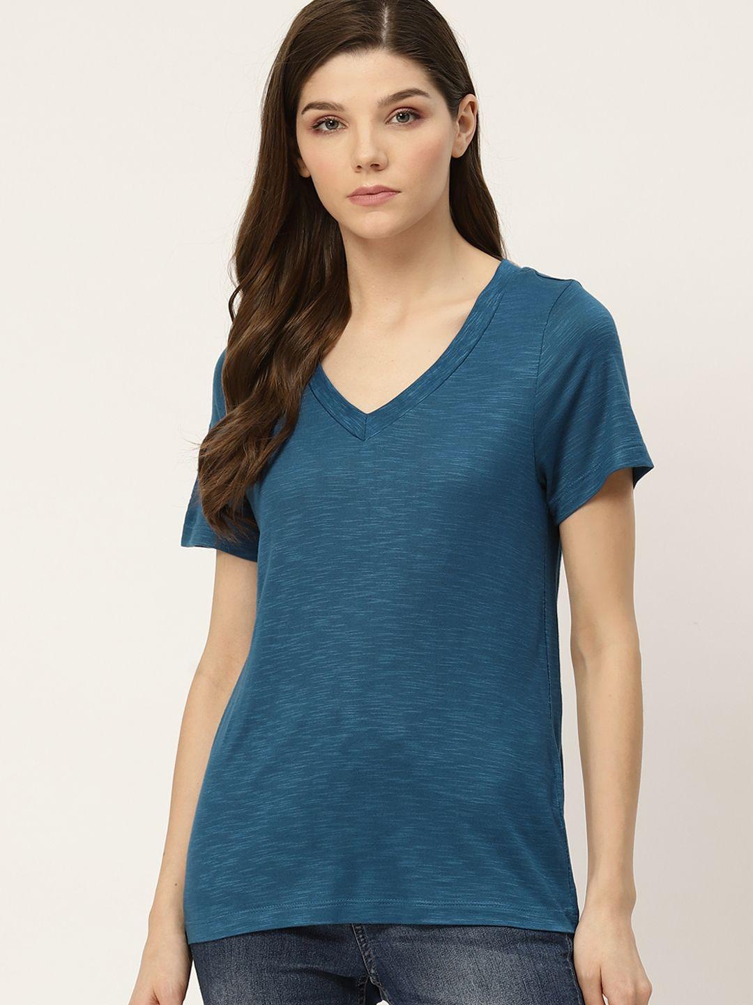 ether women teal blue solid v-neck t-shirt
