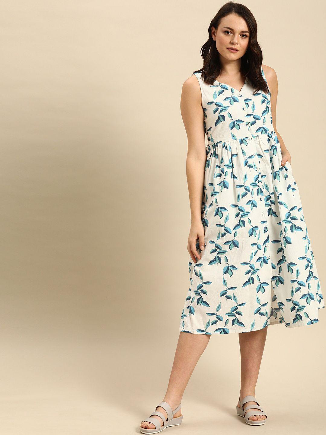 ether women white & blue printed fit and flare dress with gathered detail