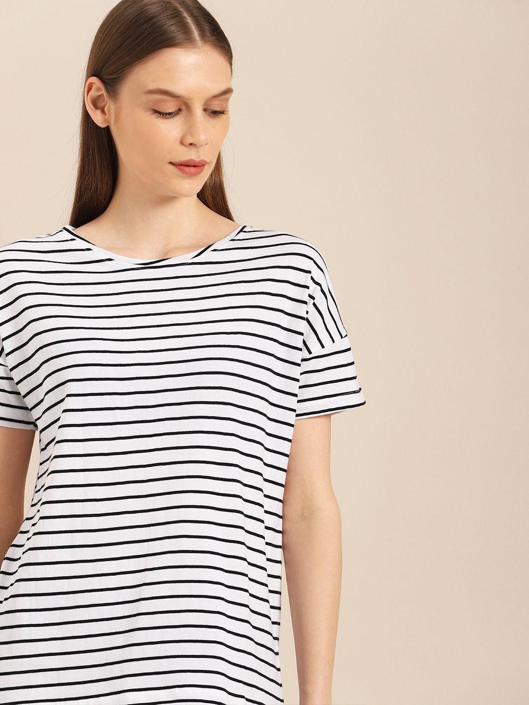 ether women white  black striped round neck pure cotton t-shirt