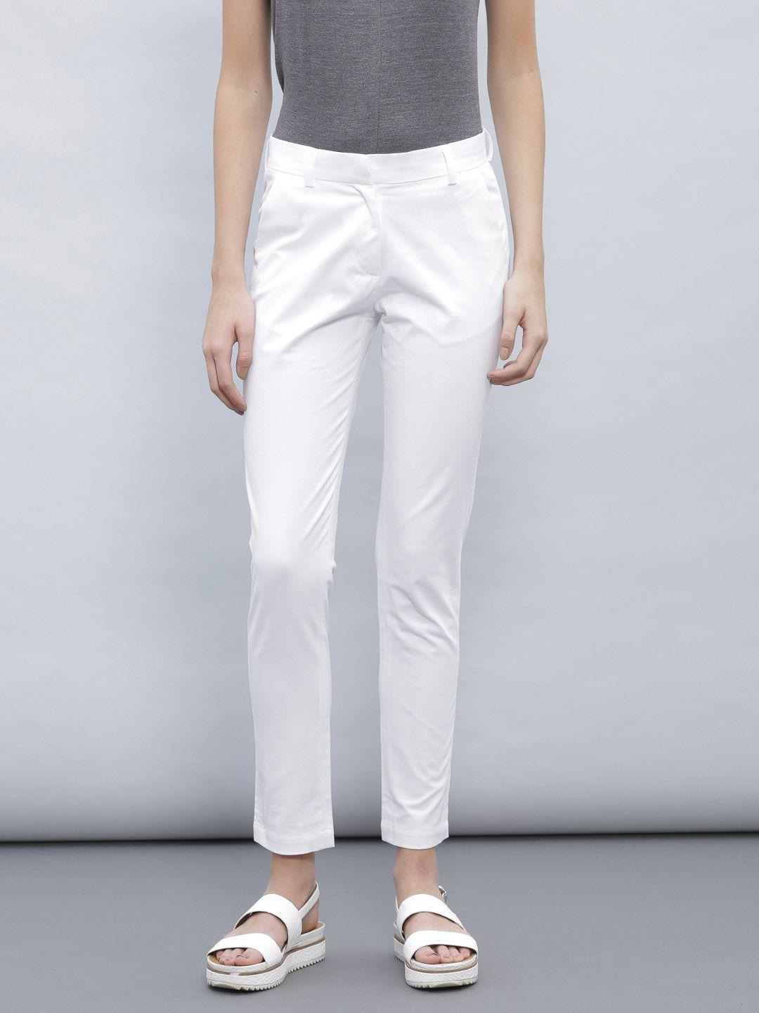 ether women white solid straight fit flat-front trousers