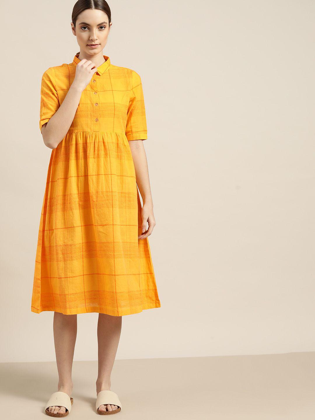 ether yellow & orange pure cotton checked shirt dress