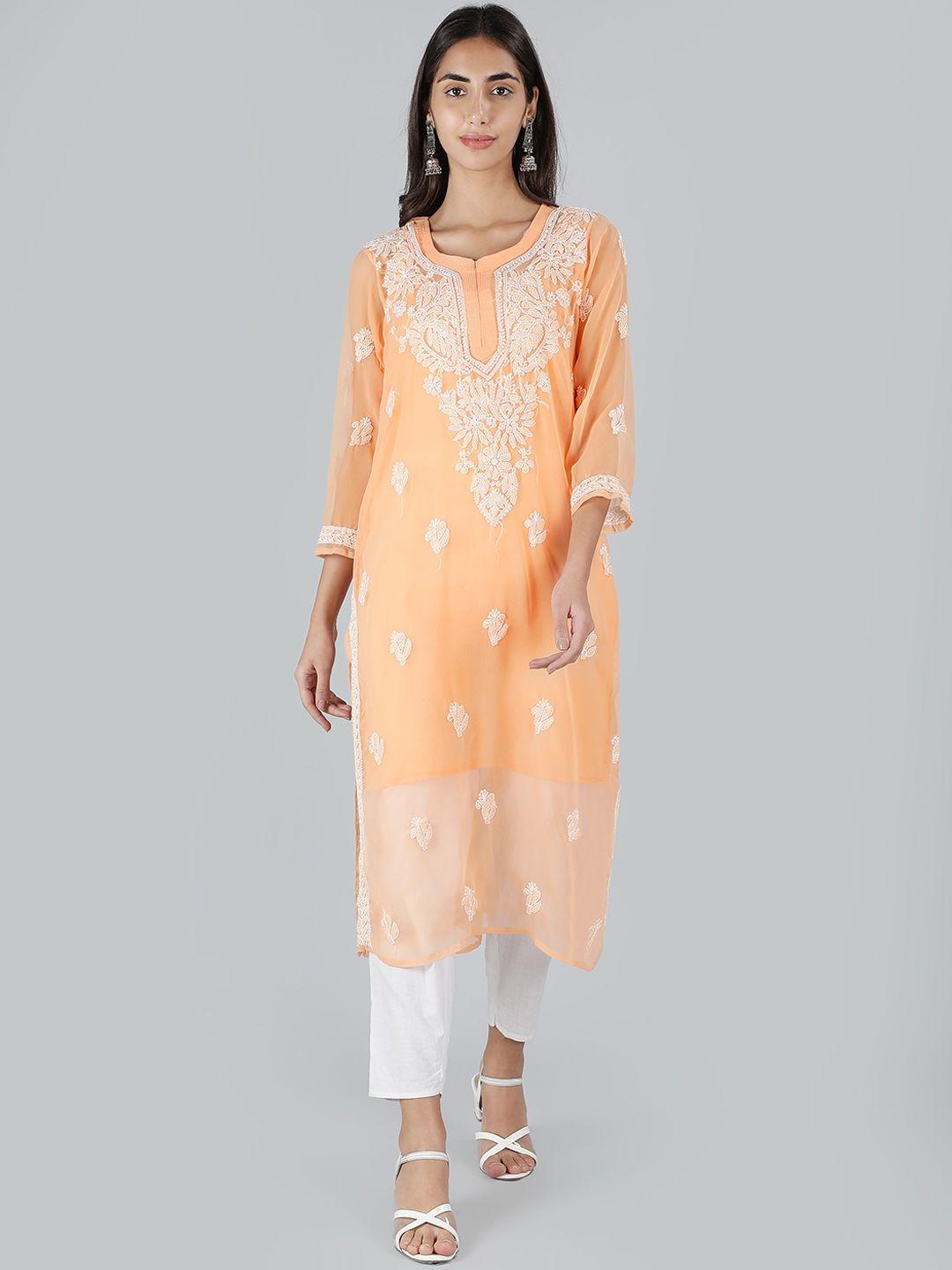 ethnava women orange embroidered flared sleeves thread work handloom georgette kurta