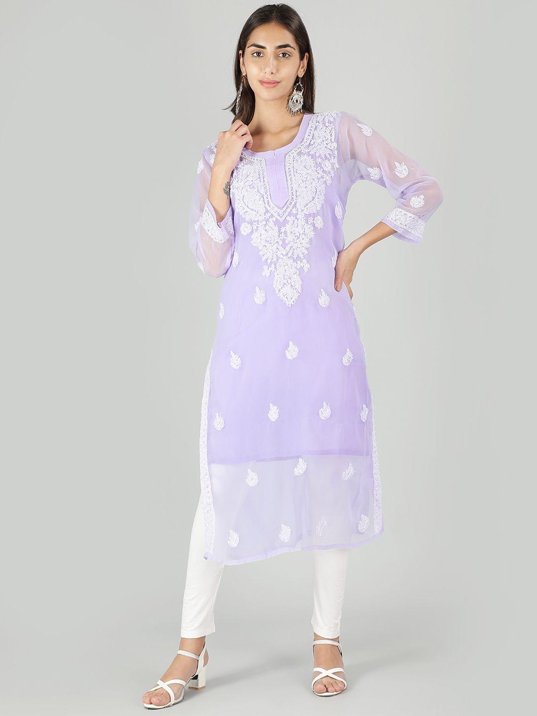 ethnava women purple geometric embroidered cold-shoulder sleeves chikankari handloom georgette kurta