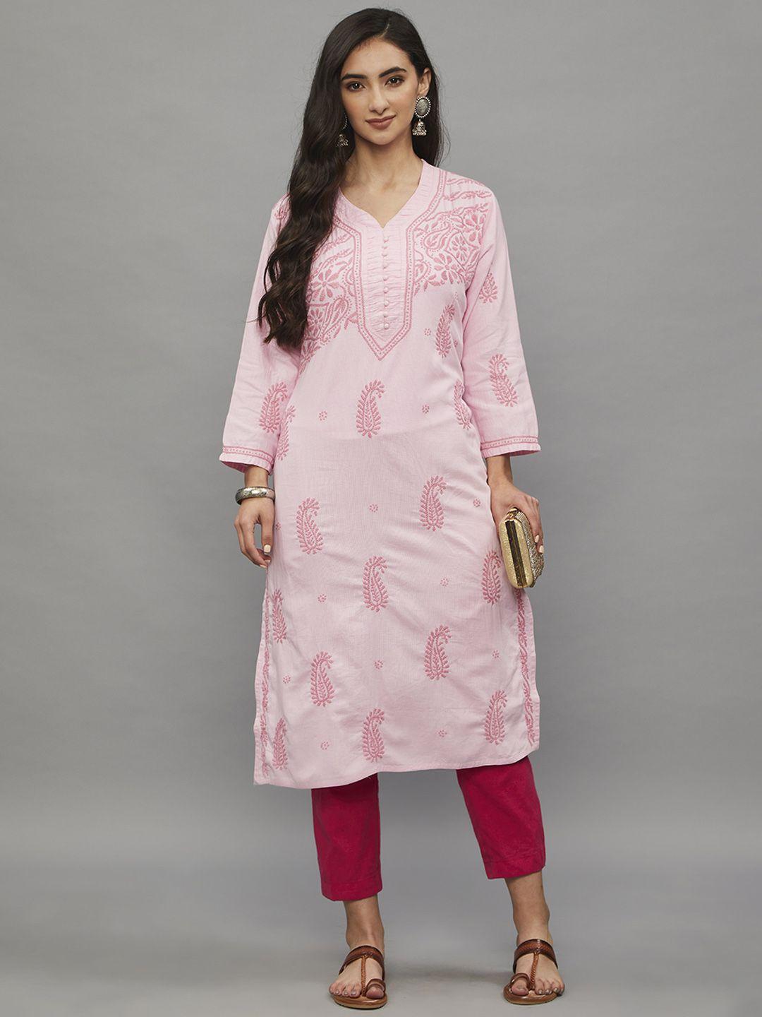 ethnava ethnic motifs embroidered v-neck cotton straight kurta