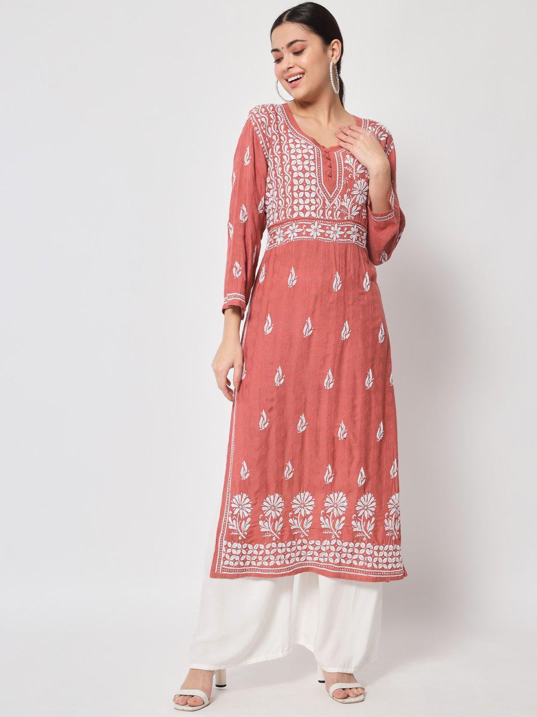 ethnava floral embroidered chikankari cotton straight kurta