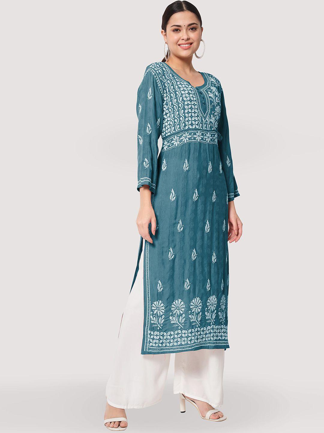 ethnava floral embroidered chikankari cotton straight kurta