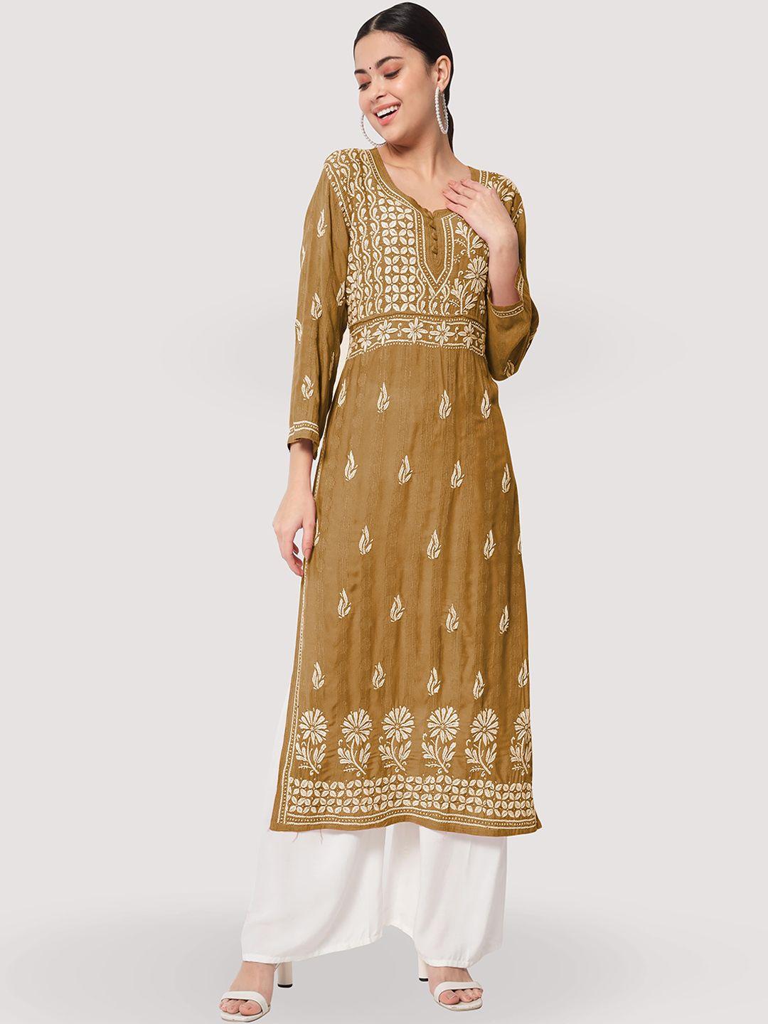 ethnava floral embroidered chikankari cotton straight kurta