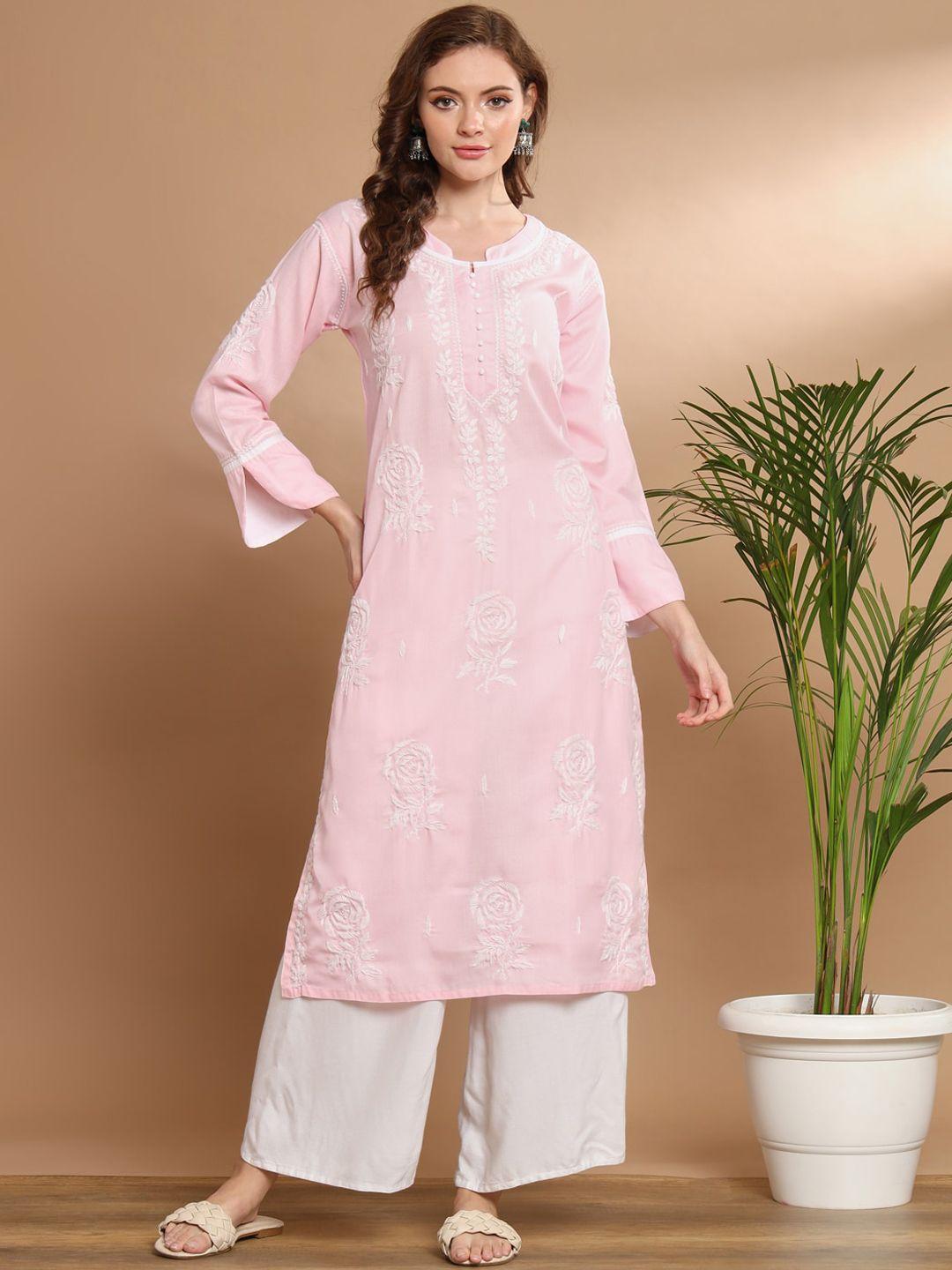 ethnava floral embroidered flared sleeves cotton straight kurta