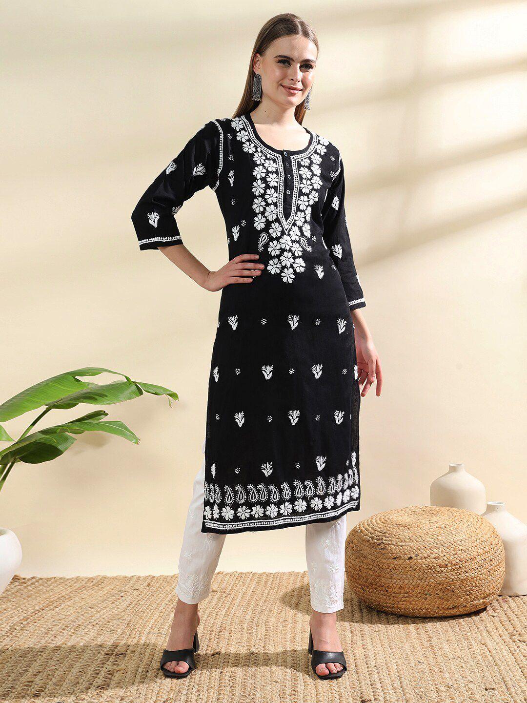 ethnava floral embroidered pure cotton chikankari kurta