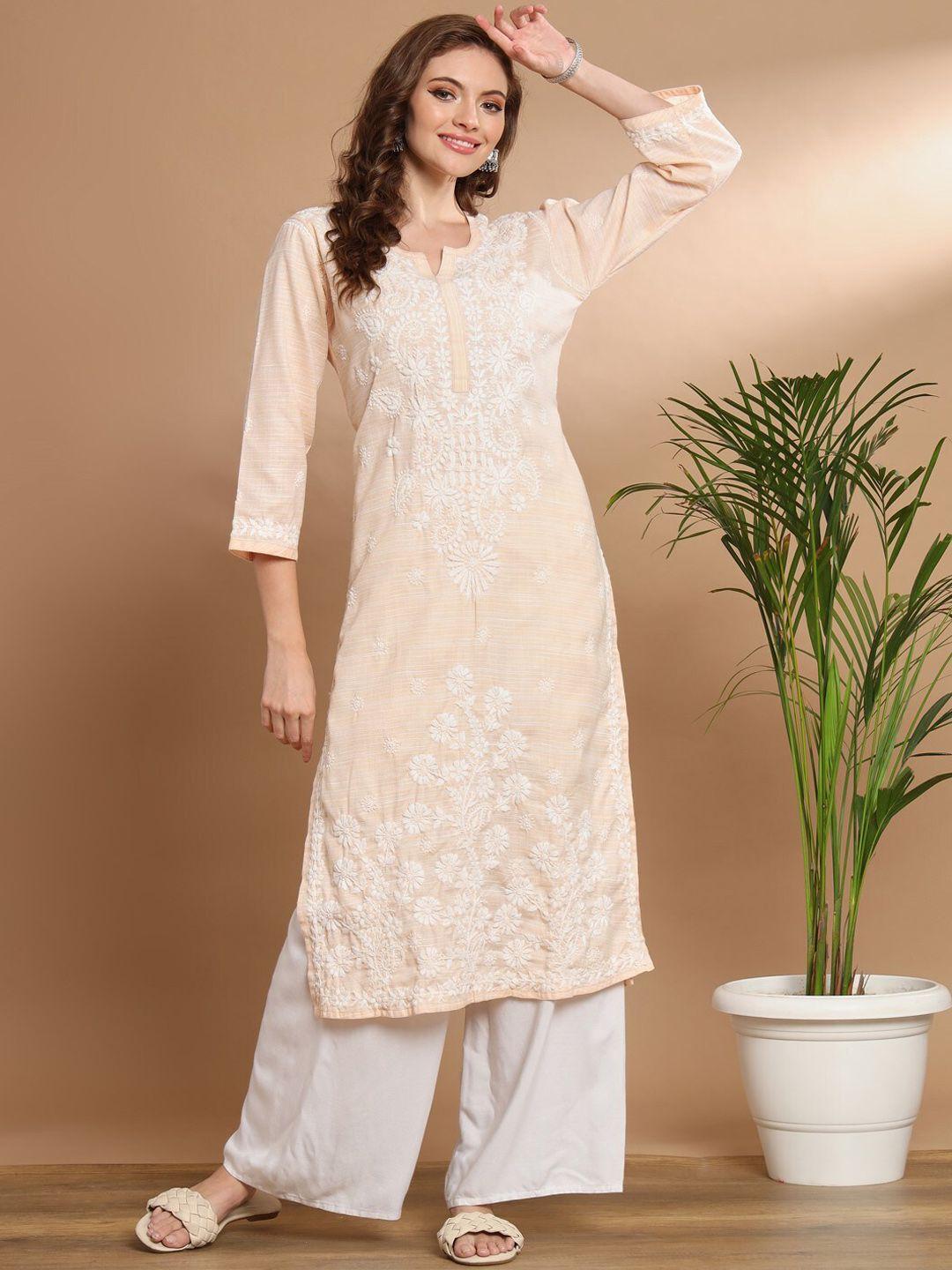 ethnava floral embroidered round neck cotton straight kurta