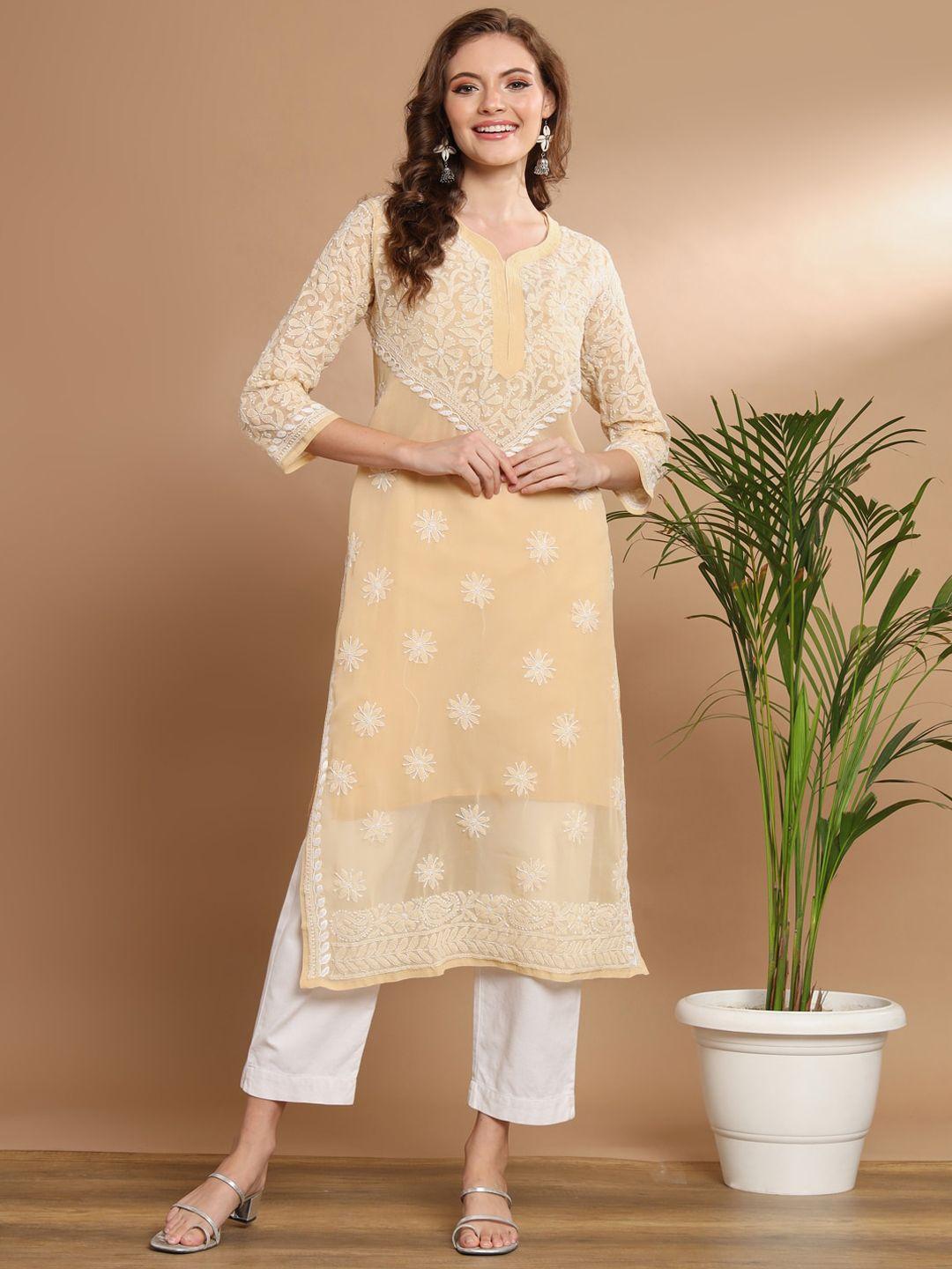 ethnava floral embroidered round neck georgette straight kurta