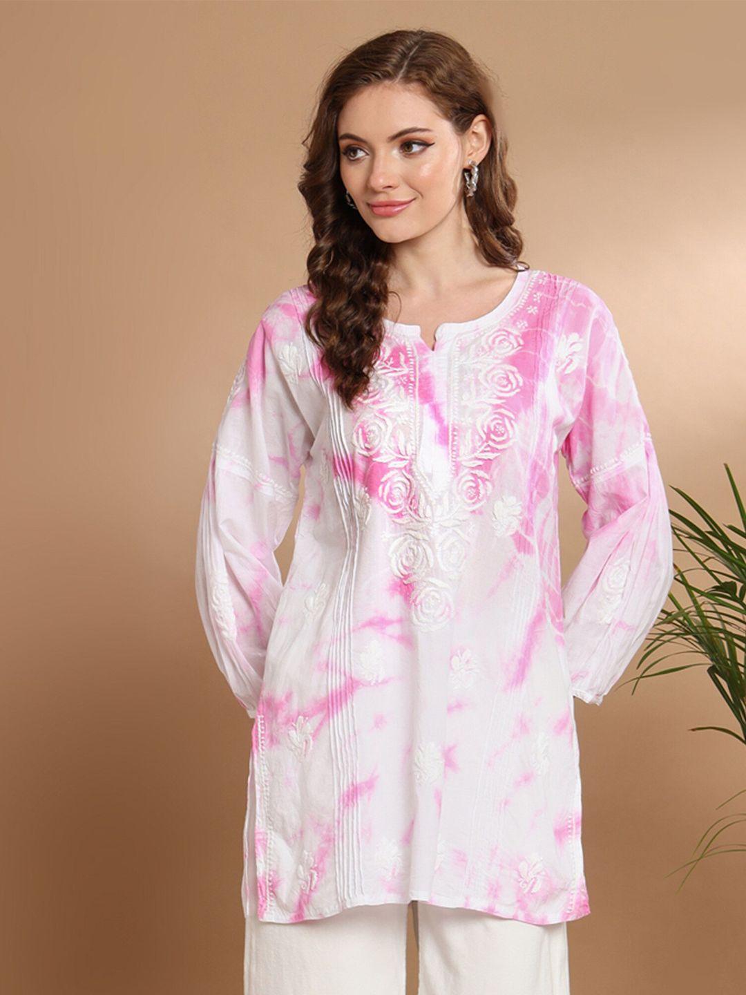 ethnava floral embroidered round neck puff sleeve thread work pure cotton kurti