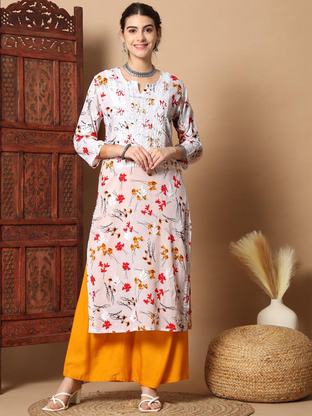 ethnava floral printed thread work detail cotton straight kurta