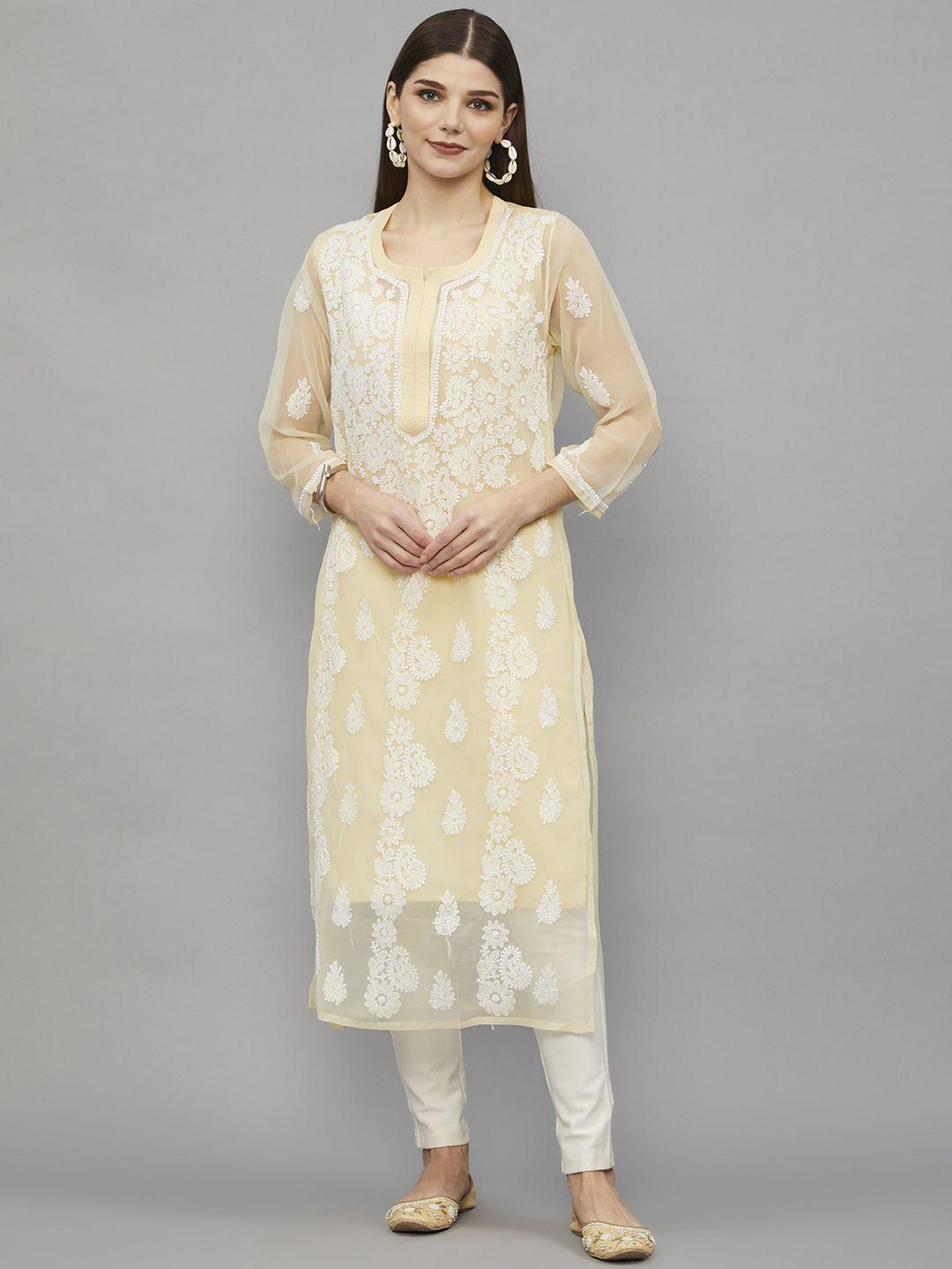 ethnava women beige ethnic motifs yoke design keyhole neck chikankari handloom georgette kurta