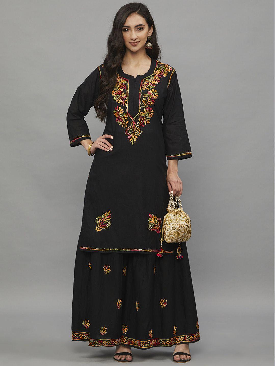 ethnava women black ethnic motifs embellished thread work handloom kurta