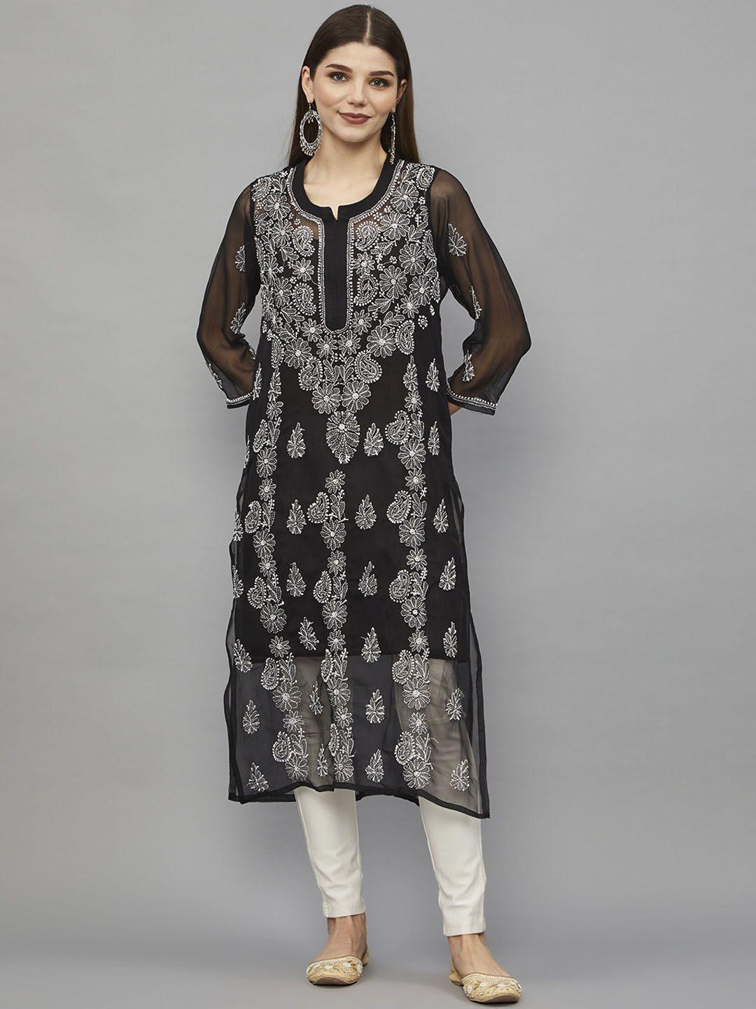 ethnava women black ethnic motifs printed cold-shoulder sleeves chikankari handloom georgette kurta