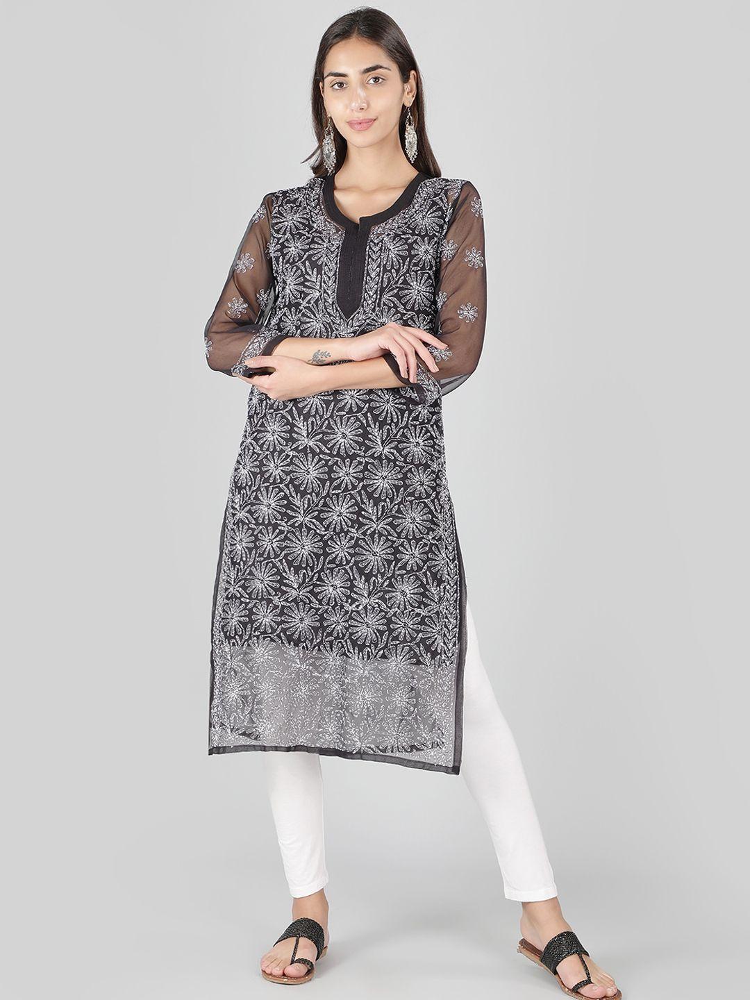 ethnava women black ethnic motifs printed sequinned handloom georgette kurta