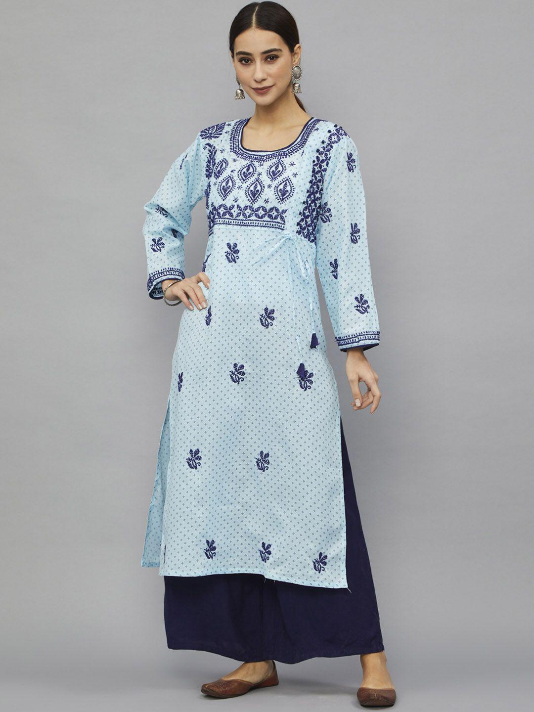 ethnava women blue ethnic motifs printed flared sleeves thread work handloom kurta