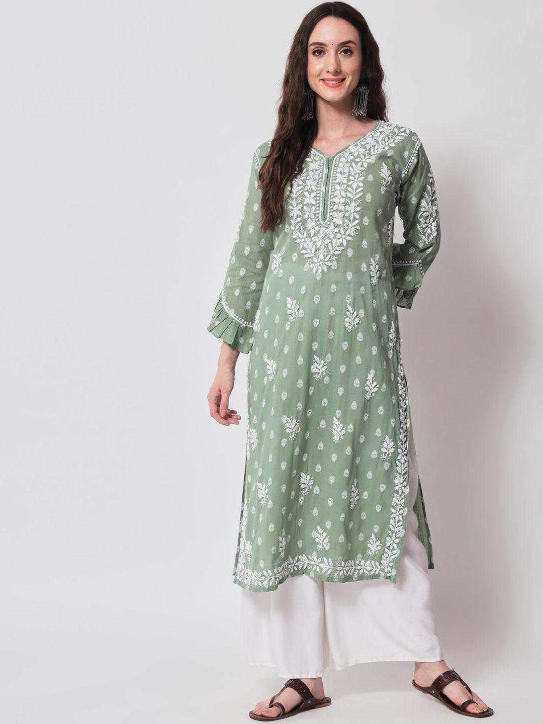 ethnava women green embroidered chikankari handloom kurta