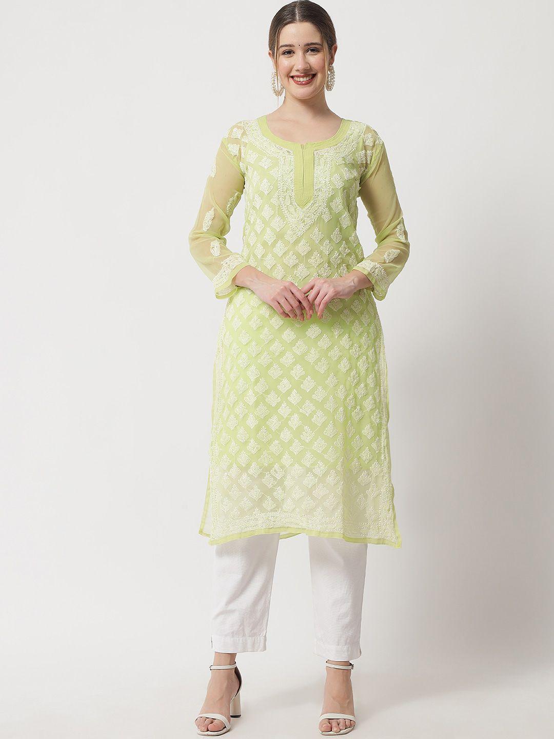 ethnava women green embroidered flared sleeves chikankari handloom georgette kurta