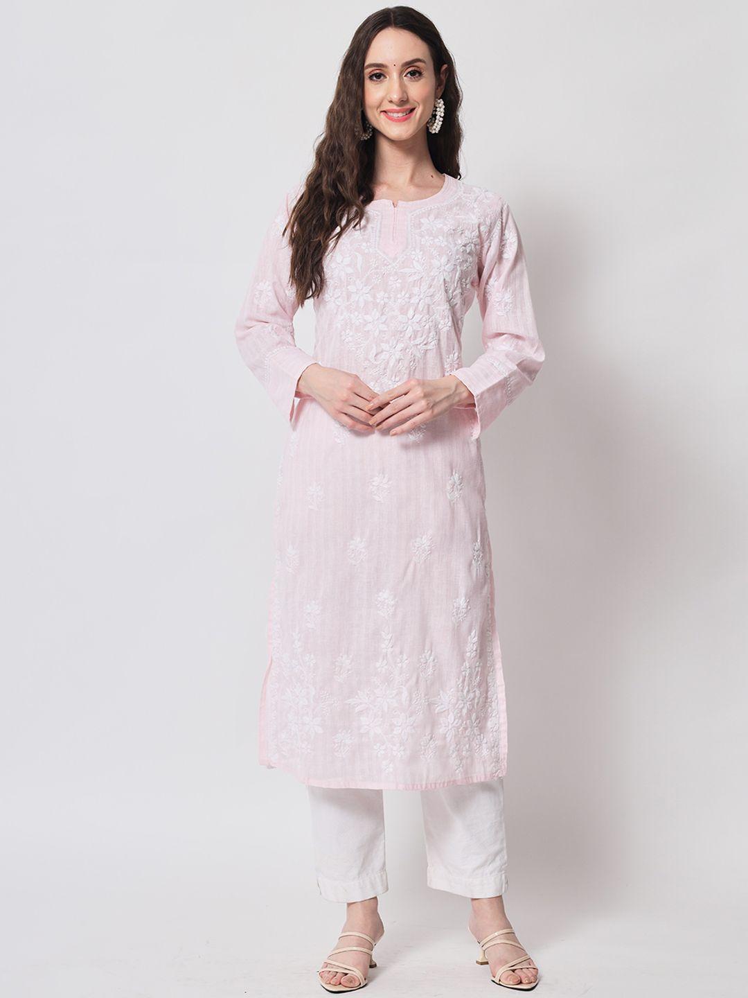 ethnava women green floral striped flared sleeves chikankari handloom organic cotton kurta