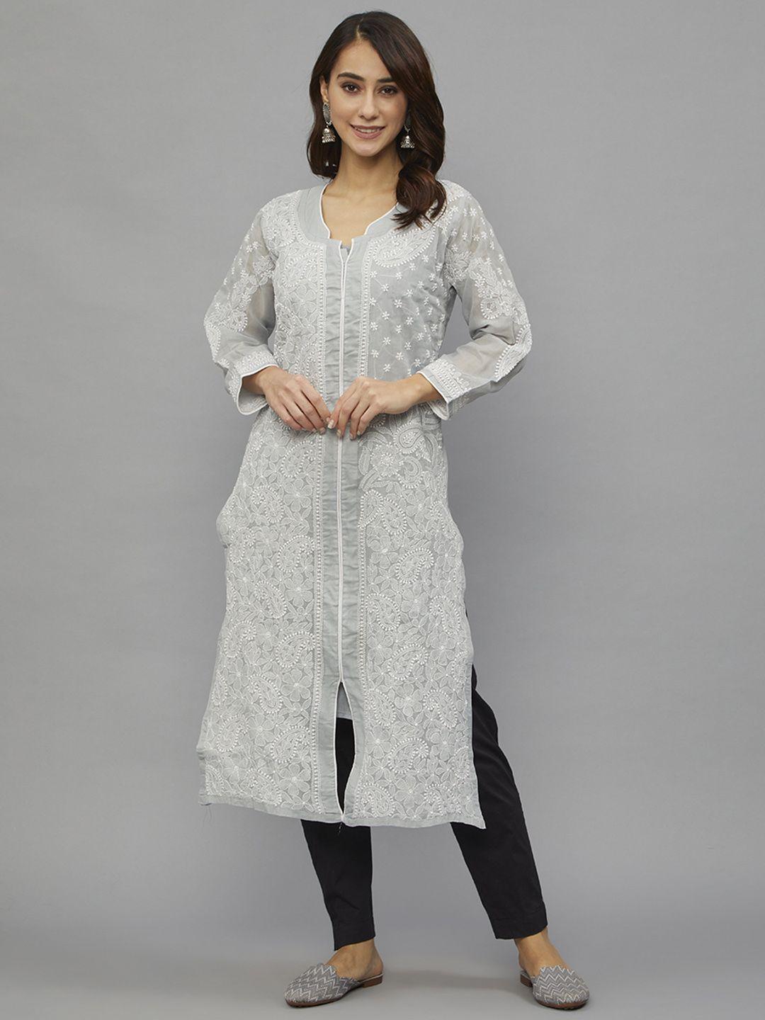 ethnava women grey ethnic motifs checked thread work handloom kurta