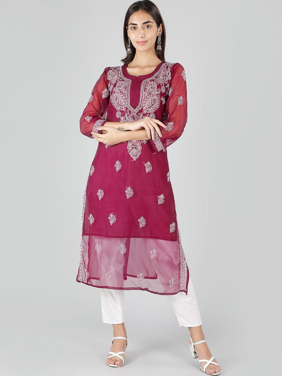 ethnava women maroon ethnic motifs yoke design thread work handloom georgette kurta