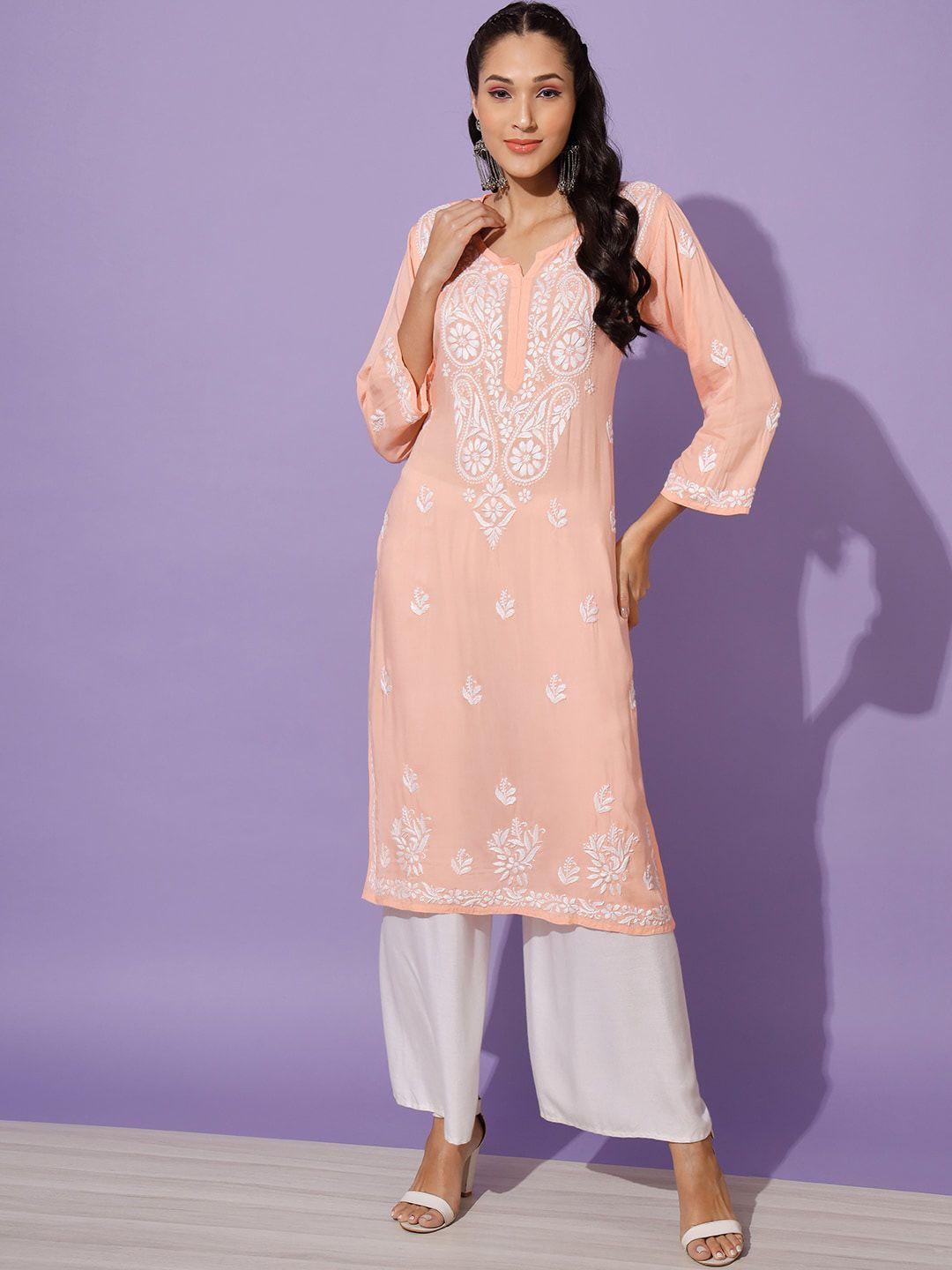 ethnava women peach-coloured ethnic motifs embroidered flared sleeves chikankari handloom kurta