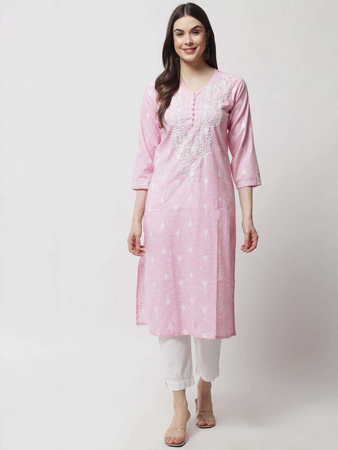 ethnava women pink embroidered flared sleeves chikankari handloom kurta