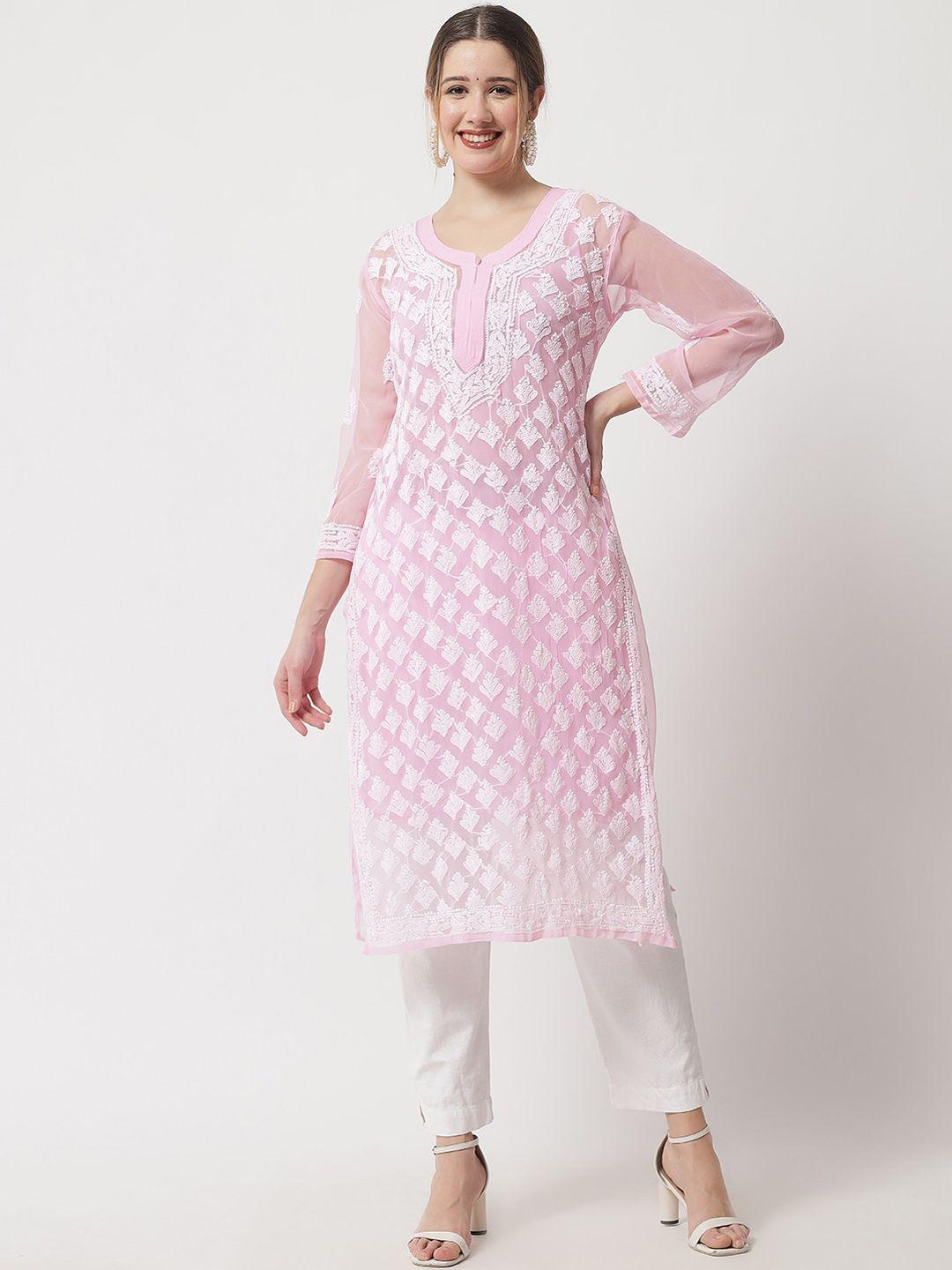 ethnava women pink ethnic motifs embroidered chikankari handloom georgette kurta