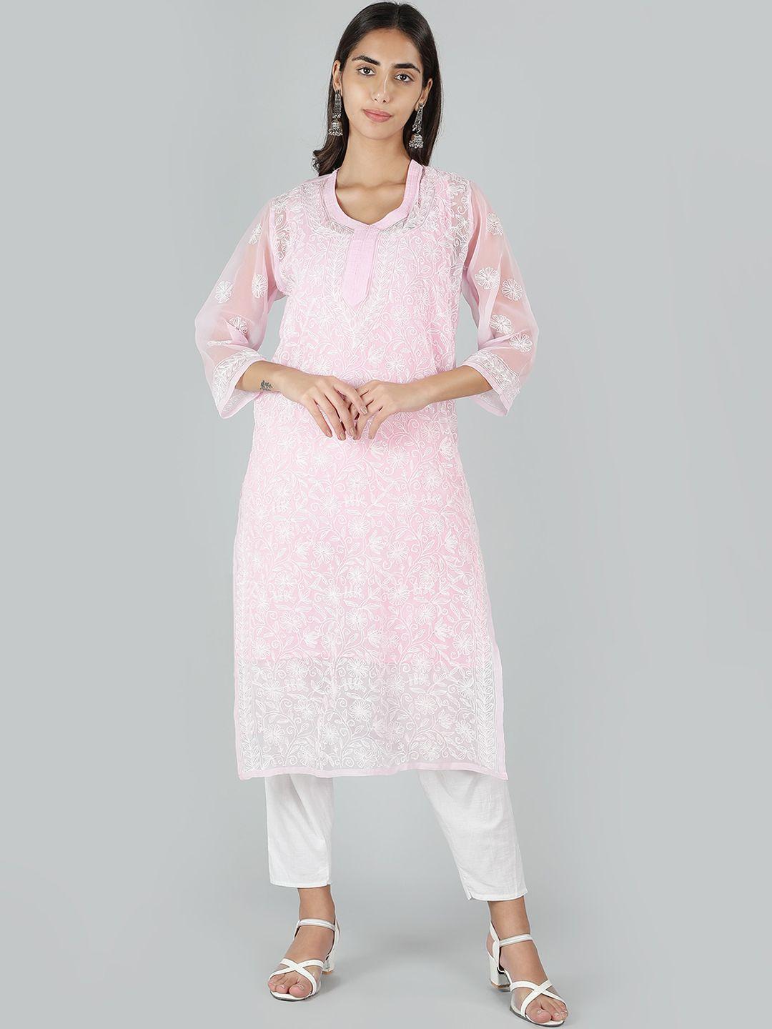 ethnava women pink ethnic motifs embroidered flared sleeves chikankari handloom georgette kurta
