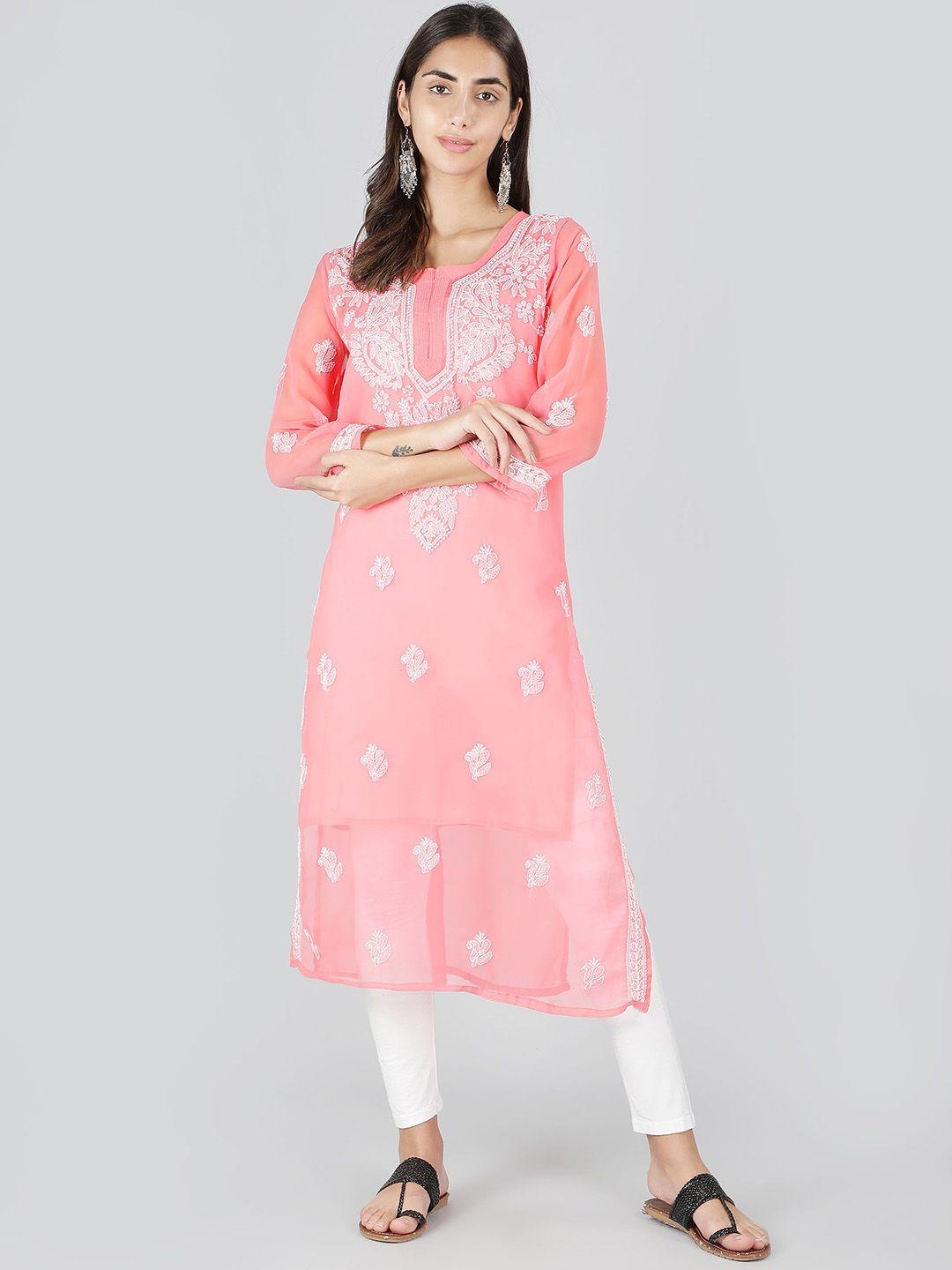 ethnava women pink ethnic motifs printed chikankari handloom georgette kurta