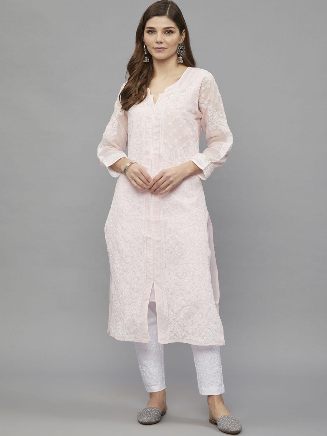 ethnava women pink ethnic motifs thread work handloom kurta